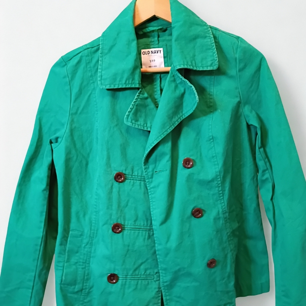 Old Navy Womens Small Pea Coat Double Breasted Jacket Green Gestalt Cotton